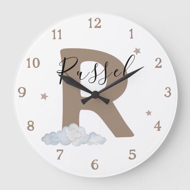 Reloj Redondo Grande Monogram Brown Baby Initial Name Nursery Wall (Anverso)
