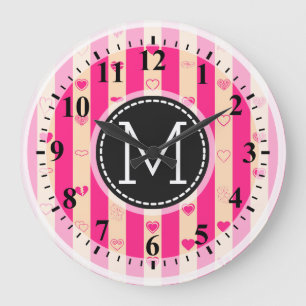 Reloj Redondo Grande Monogram Hot Pink Stripes Modern Heart Pattern