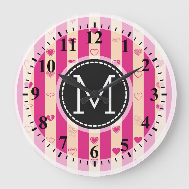 Reloj Redondo Grande Monogram Hot Pink Stripes Modern Heart Pattern (Anverso)