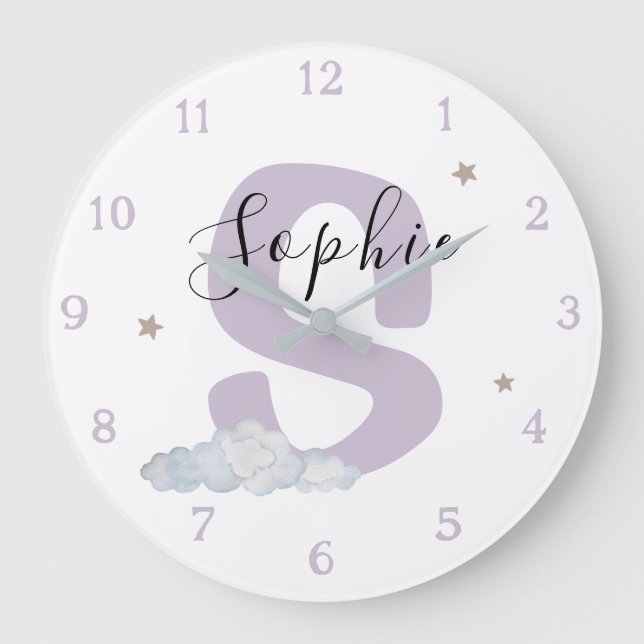 Reloj Redondo Grande Monogram Lavender Baby Initial Name Nursery Wall (Anverso)