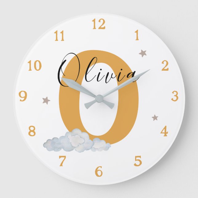 Reloj Redondo Grande Monogram Mustard Baby Initial Name Nursery Wall (Anverso)