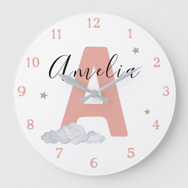 Reloj Redondo Grande Monogram Pink Baby Initial Name Nursery Wall (Anverso)