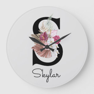 Reloj Redondo Grande Monogram Pink Boho Girly Floral Initial S