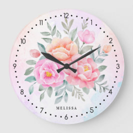 Reloj Redondo Grande Monogram Watercolor Ombre Pink Roses Peonies