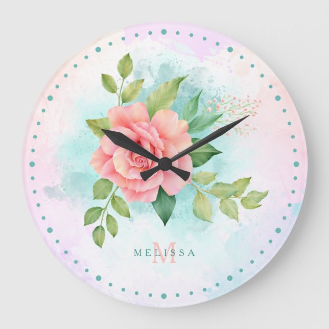 Reloj Redondo Grande Monograma Acuarela Turquesa Ombre Rosa (Anverso)