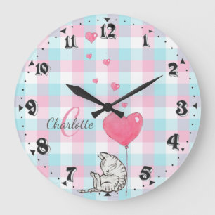 Reloj Redondo Grande Monograma azul rosado de gato sudoroso