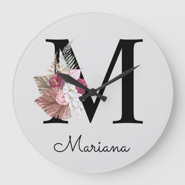 Reloj Redondo Grande Monograma Boho rosa Giro Floral Inicial M (Anverso)
