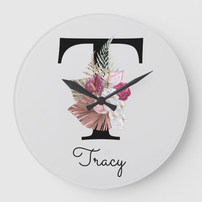 Reloj Redondo Grande Monograma Boho rosa Giro Floral Inicial T (Anverso)