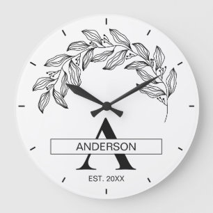 Reloj Redondo Grande Monograma de apellido familiar en blanco y negro