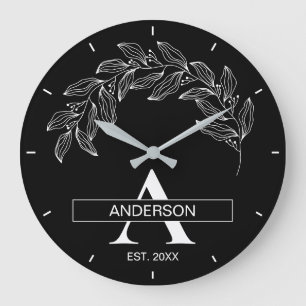 Reloj Redondo Grande Monograma de apellido familiar en blanco y negro