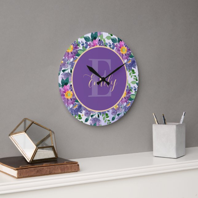 Reloj Redondo Grande Monograma de bonito azul morado (Oficina)