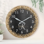Reloj Redondo Grande Monograma de espuma negra Purpurina de oro persona<br><div class="desc">Personalice fácilmente este elegante diseño de reloj de moda con un purpurina brillante de bonito dorado sobre un fondo metálico negro cepillado.</div>