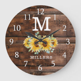 Reloj Redondo Grande Monograma de familia de girasol de madera marrón r