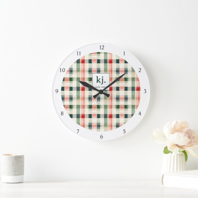 Reloj Redondo Grande Monograma de Gingham Evergreen Suave (Hogar)