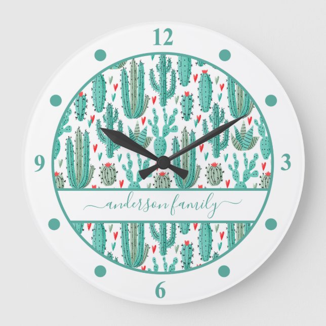Reloj Redondo Grande Monograma de la familia blanca verde de Cactus (Anverso)