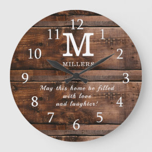 Reloj Redondo Grande Monograma de la familia Rustic Brown Wood