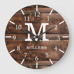 Reloj Redondo Grande Monograma de la familia Rustic Dark Barn Wood
