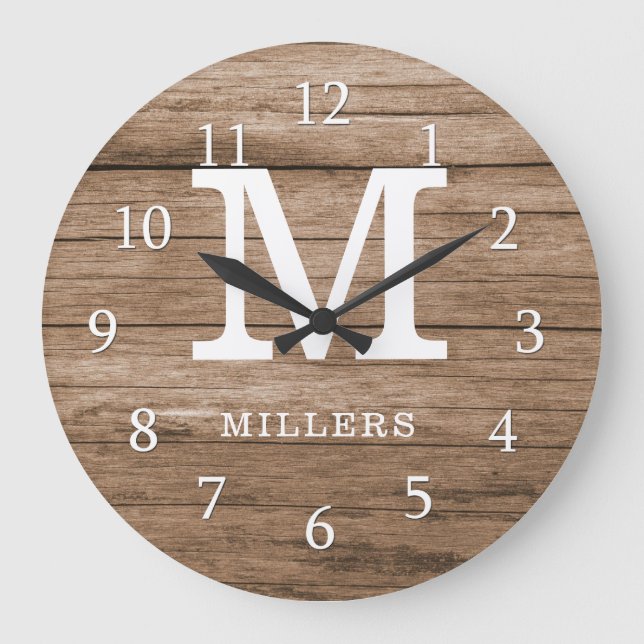 Reloj Redondo Grande Monograma de la familia Rustic Wood Farmhouse (Anverso)