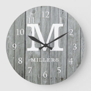 Reloj Redondo Grande Monograma de la granja de madera gris