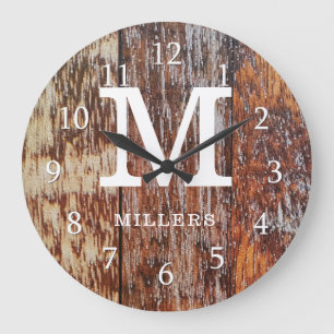 Reloj Redondo Grande Monograma de la granja de madera marrón