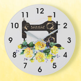 Reloj Redondo Grande Monograma de la máquina de coser de cosecha amaril