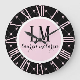 Reloj Redondo Grande Monograma de lazo negro y rosa
