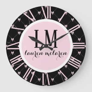 Reloj Redondo Grande Monograma de lazo negro y rosa