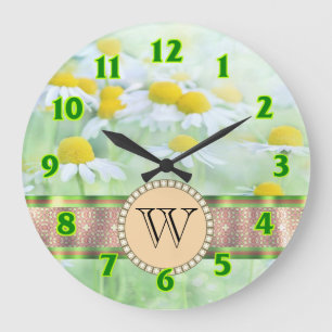 Reloj Redondo Grande Monograma de margarita blanca en pradera verde