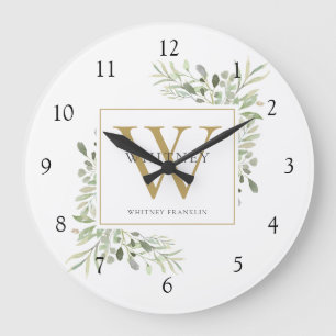 Reloj Redondo Grande Monograma de nombre con vegetación en acuarela bot
