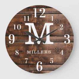 Reloj Redondo Grande Monograma de nombre de familia de madera rústica d