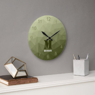 Reloj Redondo Grande Monograma de patrón de malla geométrica verde clar