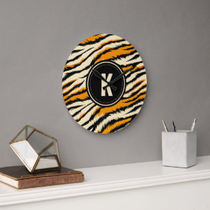 Reloj Redondo Grande Monograma de Patrón Naranja y Negro