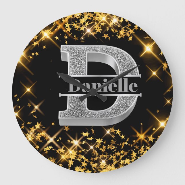 Reloj Redondo Grande Monograma de plata inicial D personalizado Su nomb (Anverso)