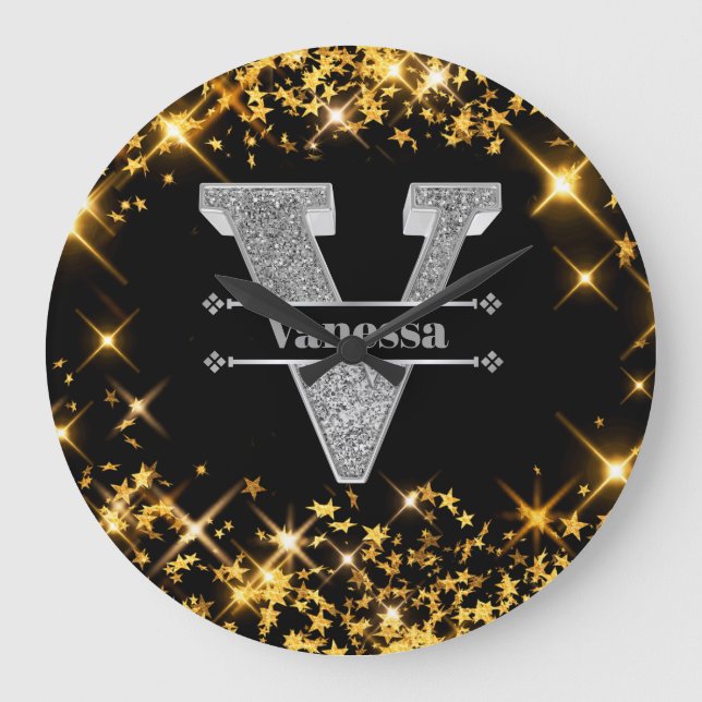 Reloj Redondo Grande Monograma de plata inicial V personalizado Su nomb (Anverso)