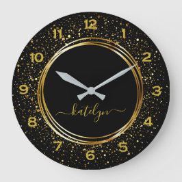 Reloj Redondo Grande Monograma de polvo de purpurina dorado negro