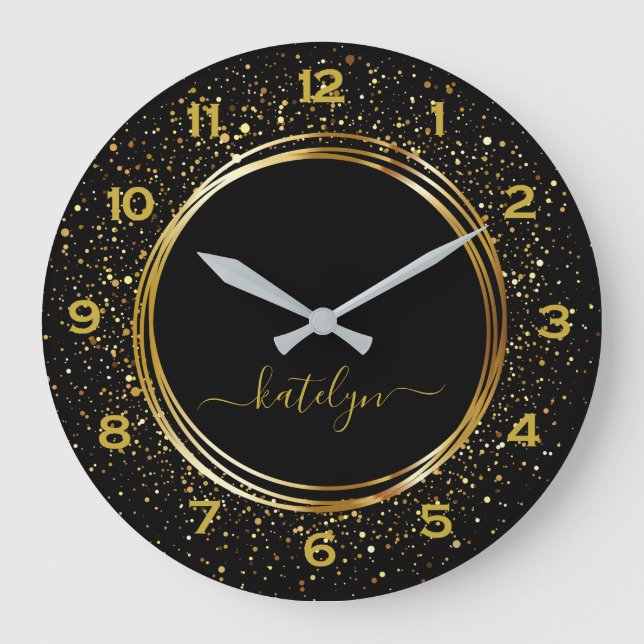 Reloj Redondo Grande Monograma de polvo de purpurina dorado negro (Anverso)