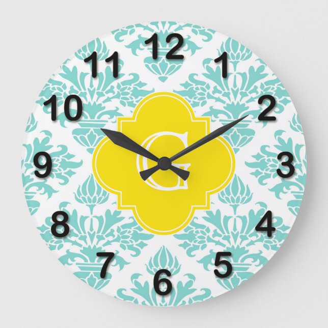 Reloj Redondo Grande Monograma De Quatrefoil Amarillo De Lg Aqua Damask (Anverso)