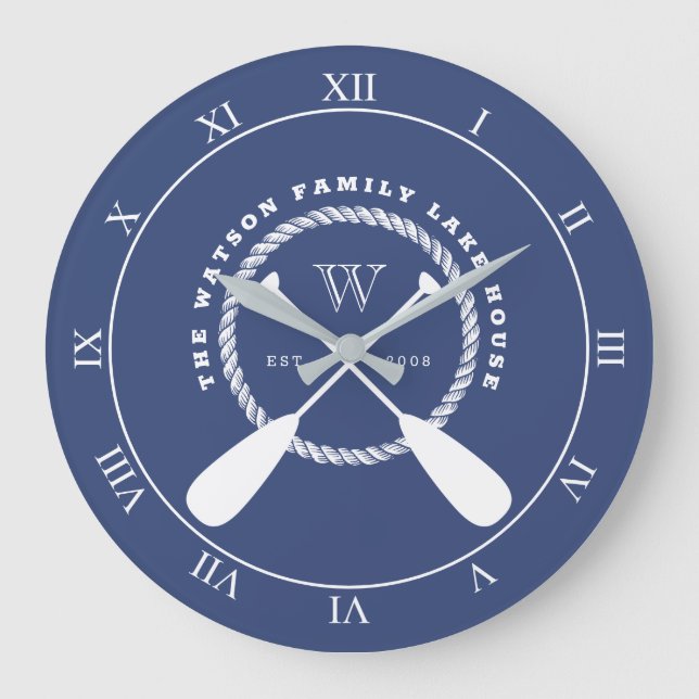 Reloj Redondo Grande Monograma de remo náutico azul (Anverso)