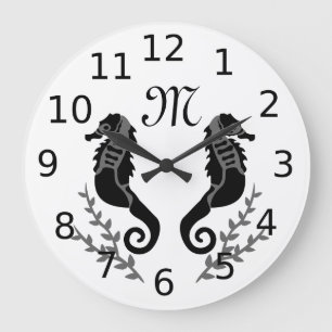 Reloj Redondo Grande Monograma de silueta de caballito de mar negro