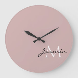 Reloj Redondo Grande Monograma del nombre de color sólido rosado modern