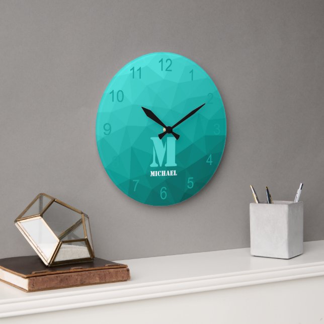 Reloj Redondo Grande Monograma del patrón de malla geométrica turquesa  (Oficina)