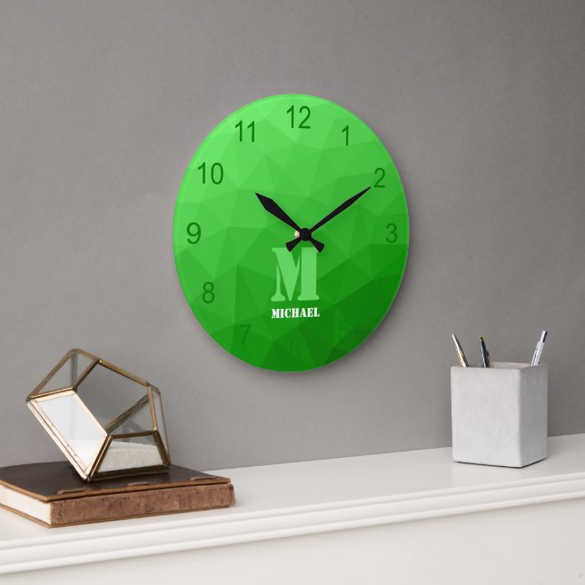 Reloj Redondo Grande Monograma del patrón de malla geométrica verde cla (Oficina)