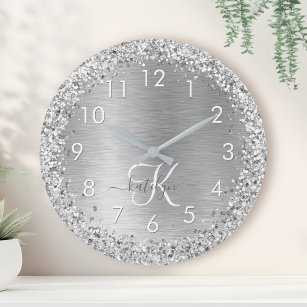 Reloj Redondo Grande Monograma del Purpurina Metalizado cepillado de pl
