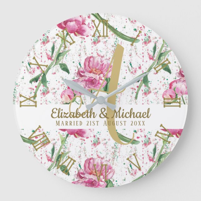Reloj Redondo Grande Monograma dorado Peonies rosados Green deja recién (Anverso)