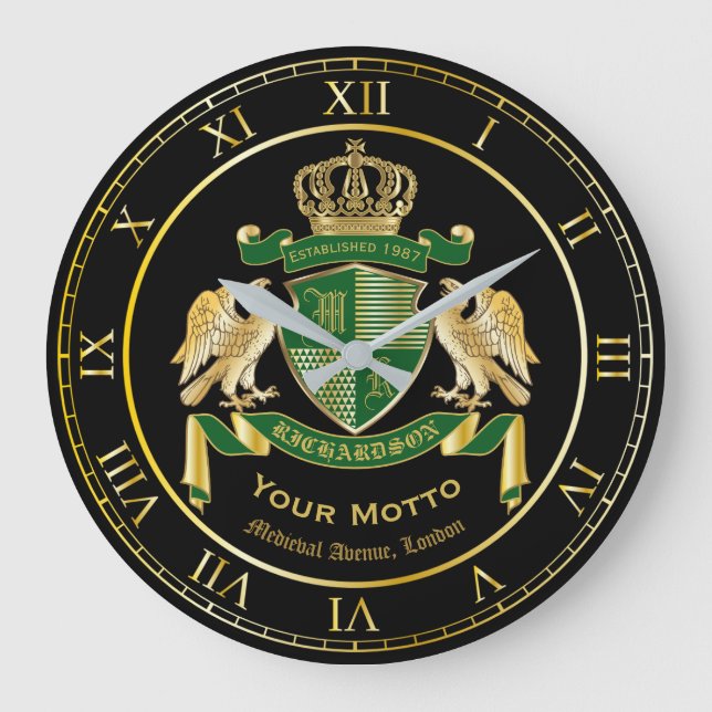 Reloj Redondo Grande Monograma Escudo de armas Emblema de águila verde  (Anverso)