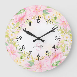 Reloj Redondo Grande Monograma floral acuarela Rubor rosado botánico