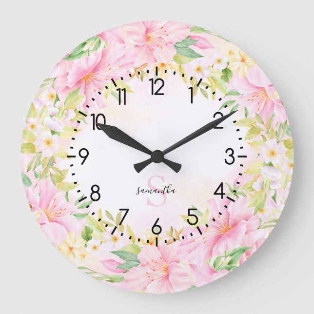 Reloj Redondo Grande Monograma floral acuarela Rubor rosado botánico (Anverso)
