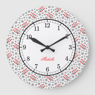 Reloj Redondo Grande Monograma Gris Rojo Patrón Floral Escandinavo