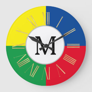 Reloj Redondo Grande Monograma Inicial Personalizado de Cuadrados Color