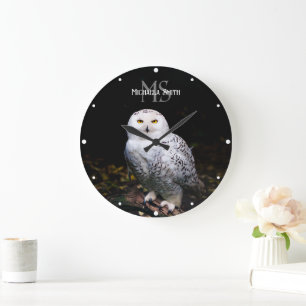Reloj Redondo Grande Monograma majestuoso de búho nevado con nombre per